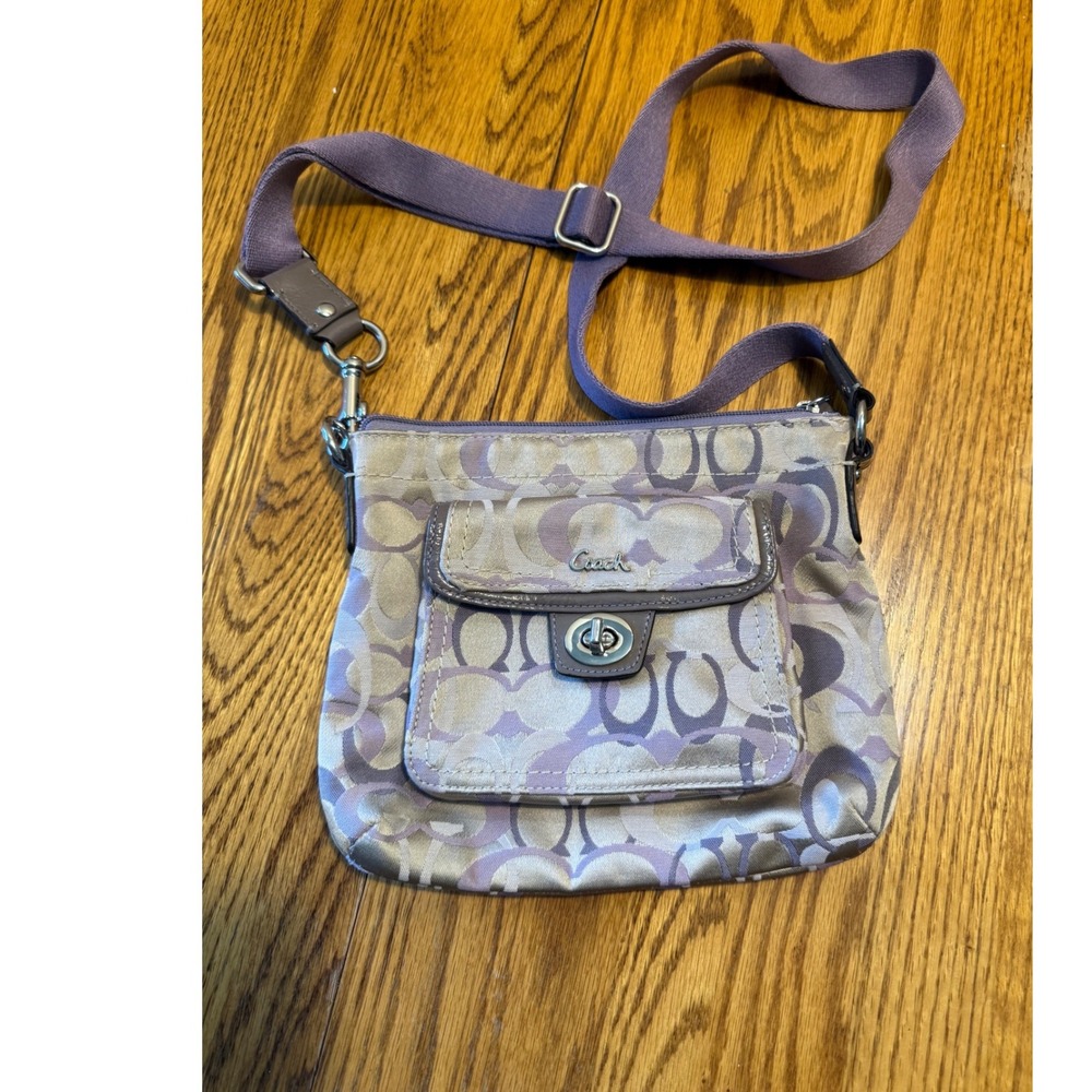 Coach Penelope Signature Turn Lock Swing Pack Crossbody Bag Purple Silver